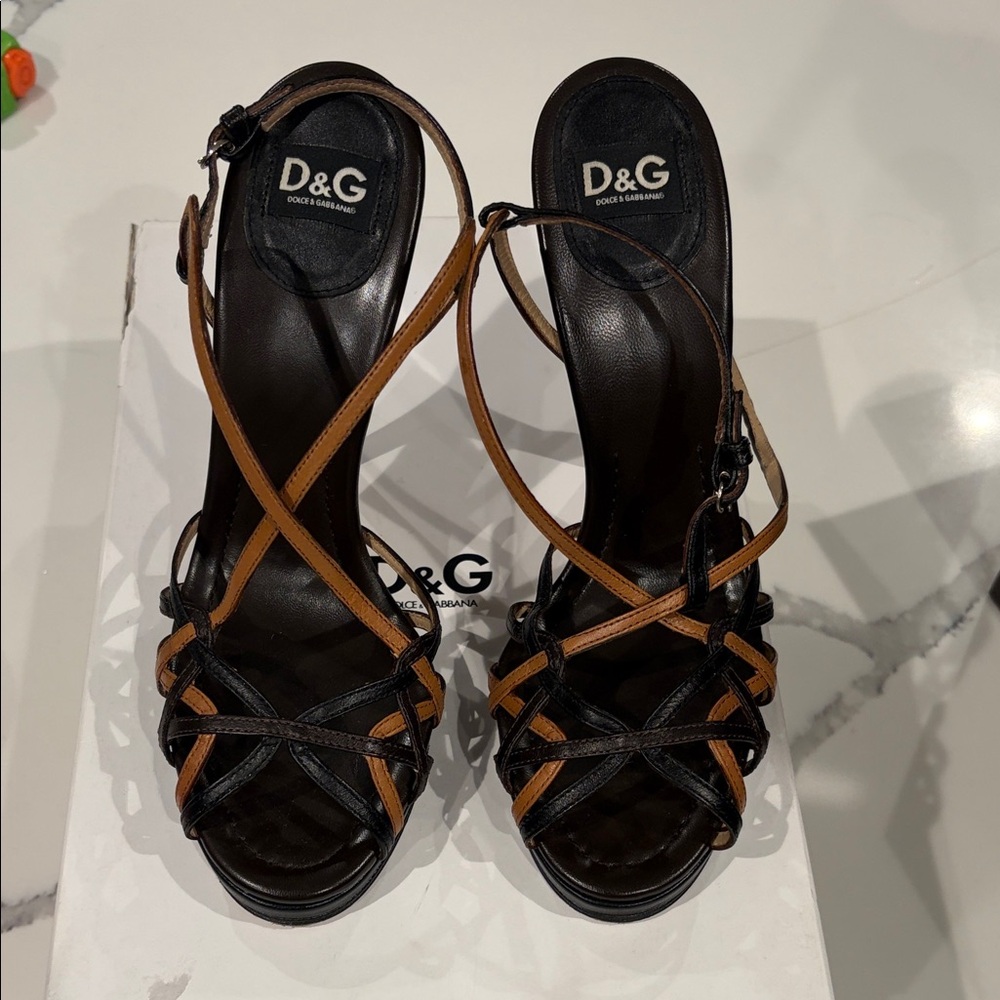 D&G Brown and Black Leather Strappy High Heels